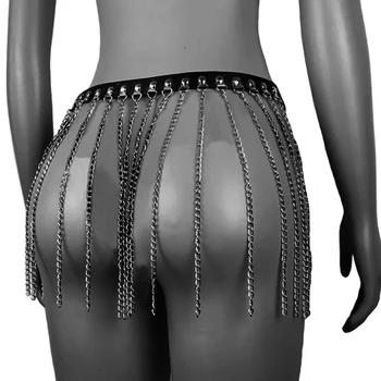 

Sexy punk metal tassel waist chain female black pu leather pin buckle adjustable chain strap nightclub accessories