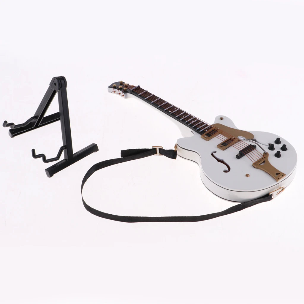 1:6 Mini Guitar with Stand and Case Miniature Dollhouse Decoration (White)