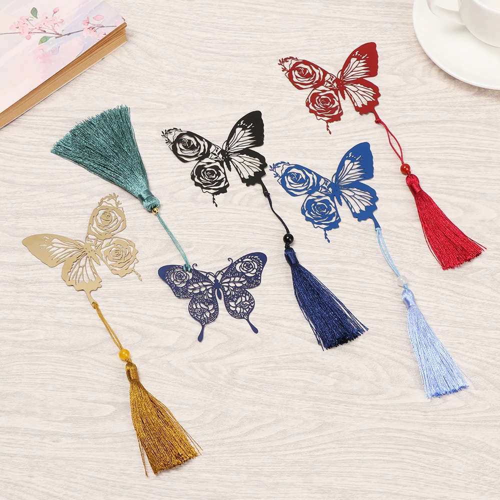 Marcapáginas de Mariposa o rosa de Metal Retro, cintas con colgante de borla para libro de estudiantes, marcador de paginación, regalo, suministros de papelería para oficina y escuela