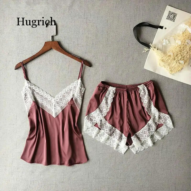 Women's Sleepwear Sexy Satin Pajama Set White Lace V-Neck Pyjamas Sleeveless Cute Cami Top and Shorts