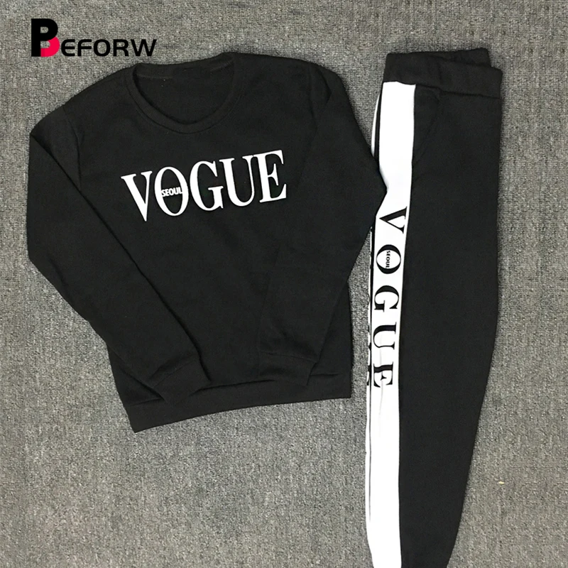 Achat Femmes ensembles VOGUE lettre imprimer sweat + pantalon 2 pièces ensemble automne hiver à manches longues survêtements deux pièces costume de sport tenue