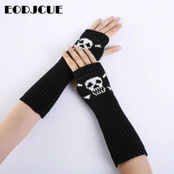 

Autumn Winter Warm Women Ladies Girl Solid Color Caribbean Skull Gloves Arm Warmer Long Fingerless Knitting Wool Mittens