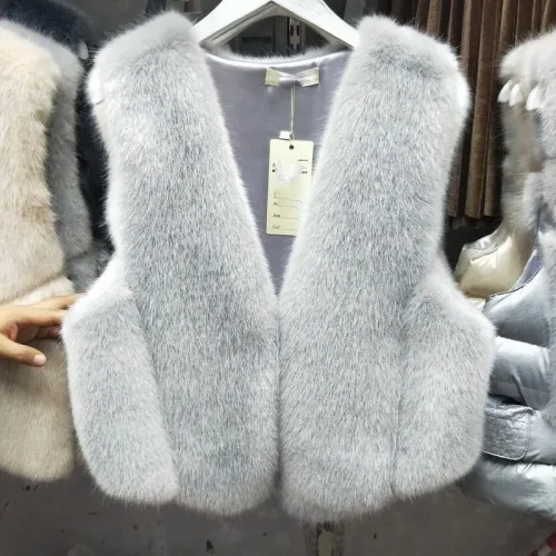 Женский жилет из искусственного меха, зима, корейский стиль, короткий жилет из лисьего меха, безрукавка, женская уличная Меховая куртка - Цвет: Light Grey