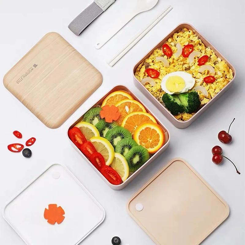 

BPA Free Double Layer Lunch Box Set Wooden Style Microwave Bento Box Square Food Container lunch Box for Student Workers