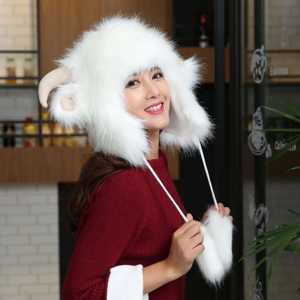 

2019 Fashion News Womens Knitted Winter Warm Cute Warm Plush Fluffy Faux Fur Hood Hat Spirit Ears Wolf Bear Cat Costume Hat