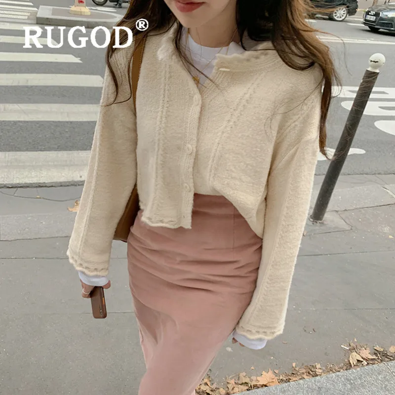 RUGOD однотонный Укороченный кардиган, ажурный свитер, женские свитера, Зимние Топы для женщин, вязанная модная одежда Kpop