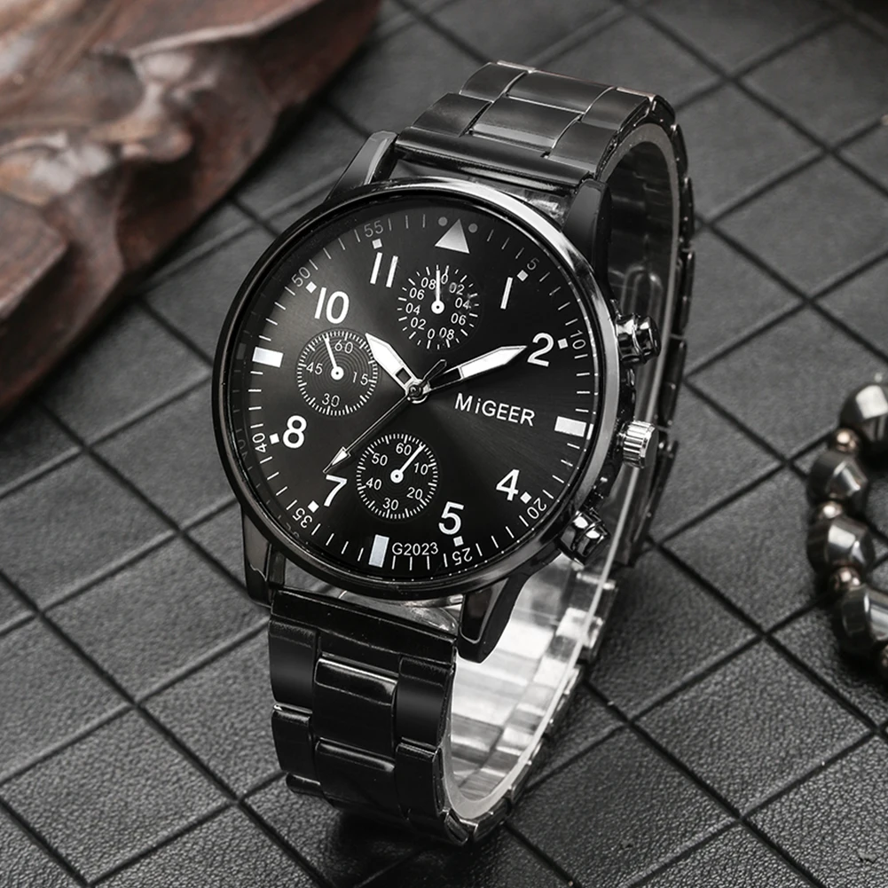 Men's Bracelet Watch Gift Set with Box Full Steel Quartz Wristwatch Braided Elastic Bracelets for Male Perfect Father's Day Gift