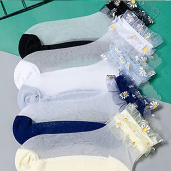 

1 Pair Crystal Silk Daisy Flower Ruffle Women Socks Summer Flower Lace Ankle Socks Thin Transparent Socks Solid Cute Socks Hot