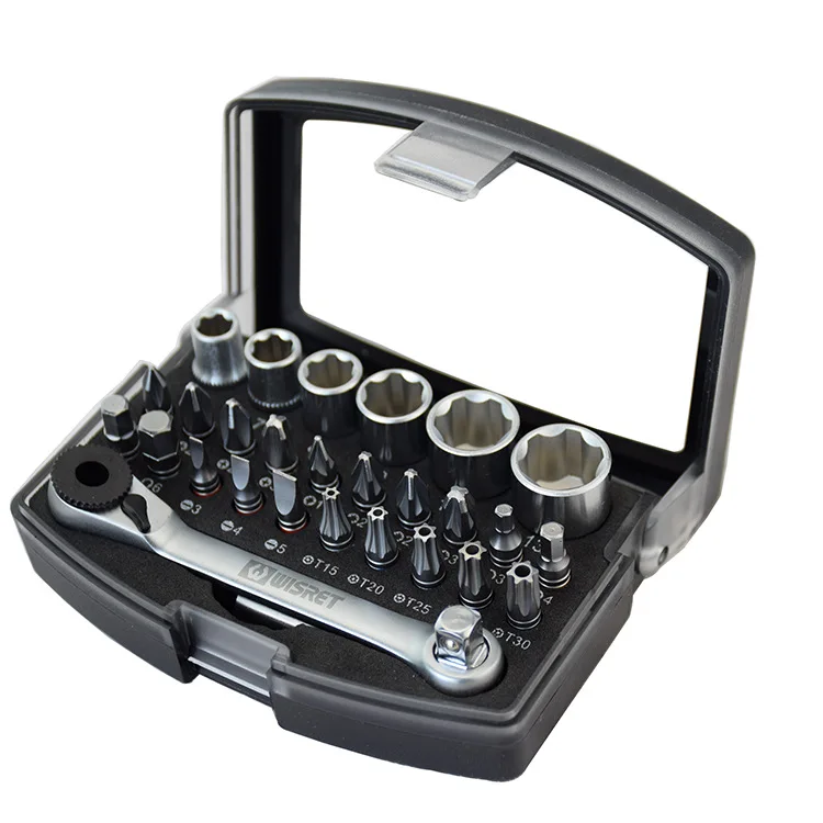 

Industrial Grade Taiwan Import 29 PCS Mini Ratchet Wheel Wrench Combination Tool Kit Sleeve Bit S2
