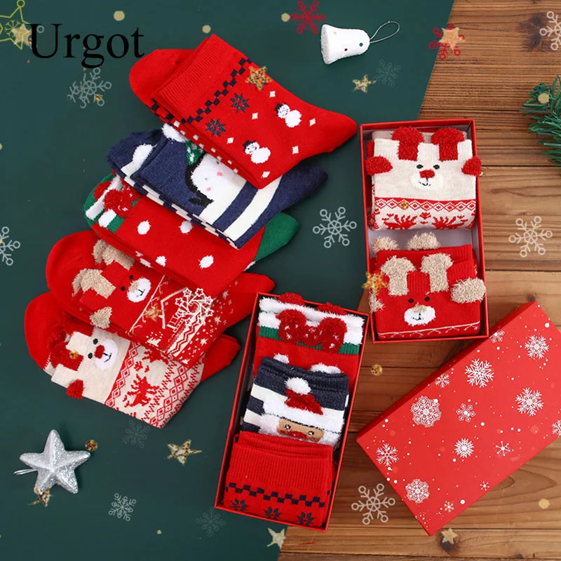 Urgot Для женщин носки Повседневное зиму милые рождественские носки из хлопка, с изображением "Олень" Утепленная одежда леди носки, подарок на Рождество коробка Meias