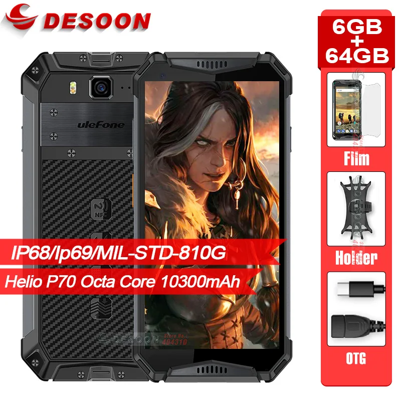 Ulefone Armor 3W Прочный смартфон Android 9,0 IP68 5," Helio P70 6G+ 64G 10300mAh мобильный телефон 4G мобильный телефон с двумя sim-картами