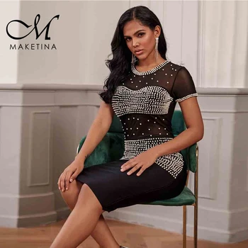 

Maketina Vestidos 2020 New Sexy Black Round Neck Bandage Dress Short Sleeve Mini Mesh Pearl Bodycon Bandage Dress Party Dresses