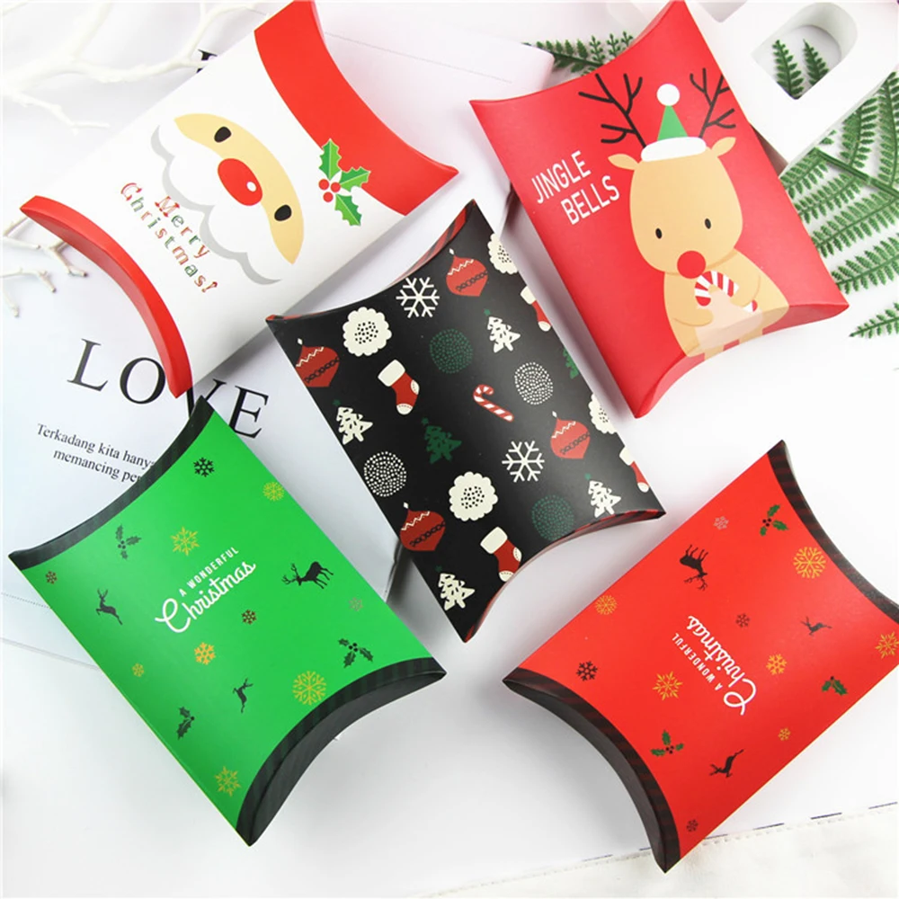 

5PCS Pillow Shape Box Paperboard Candy Boxes Christmas Present Pouch Xmas Tree Elk Kraft Gift Bag Party Supplies Accessory