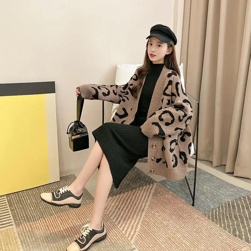 

New leopard sweater cardigan women's loose and lazy style fashion versatile foreign style knitted coat