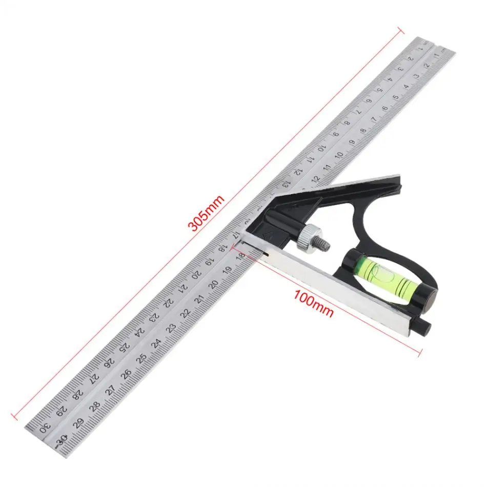 12 Inch 300mm Adjustable Stainless Steel Combination Angle Ruler 45 / 90 Degree Bubble Level Multi-