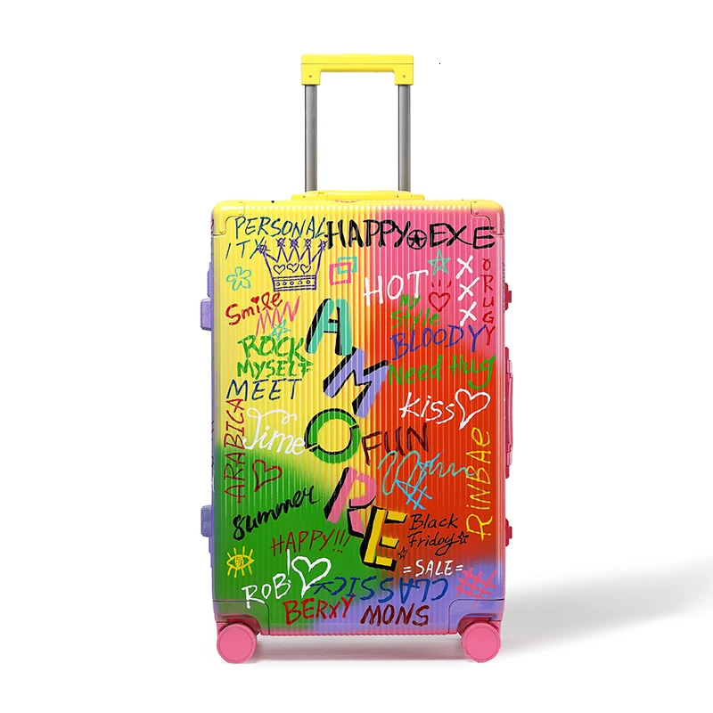 Photo Color Новые граффити чемодан Travel tale 2" 24" дюймов, роскошная алюминиевая масштабных дорожных чемоданов, кабина чемодан на колесиках для путешествий Чемодан сумка на колесах с пластиковым каркасом - Цвет: Photo Color