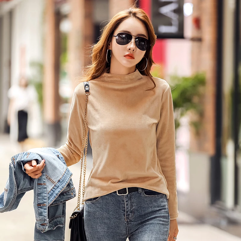 

OUMENGKA Casual Solid Ladies Black Purple Velvet T Shirts Women Autumn winter Thick Tshirt Plus Size Long Sleeve Turtleneck Tees