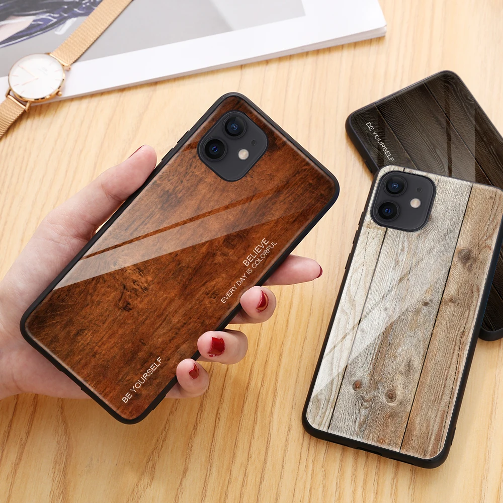 Business Style Phone Case for iphone 12 11 Pro Max 13 13mini Cover Wood Grain Glass 12pro XR X S 7 8 Funda | Мобильные телефоны и