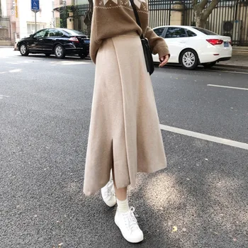 

Polyester Knitting Winter The New Korean A-line High-waisted Slit In The Mid-length One-step Women Skirt 149