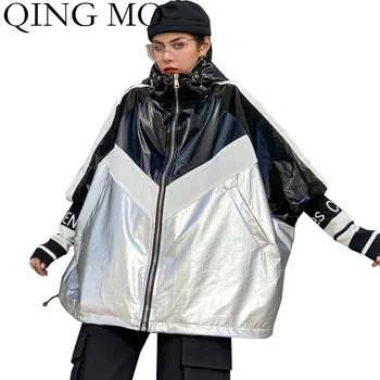 

QING MO Hooded Women Baseball Coat 2020 Autumn Women Patchwork Color Coat Female Batwing Sleeve Outwear ZQY5019
