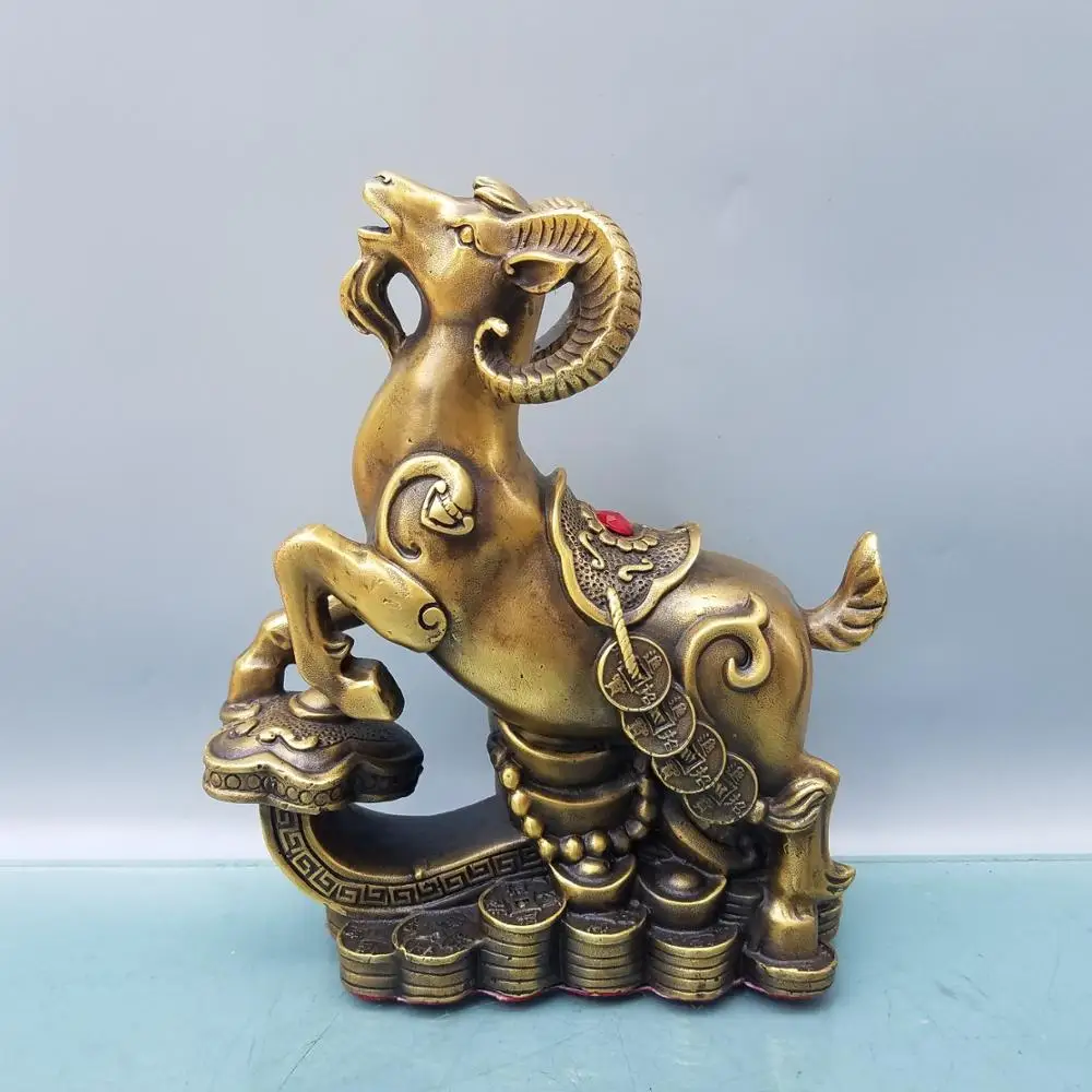 

Home Decor 9" Chinese Seikos Brass Goat statue Carved Goat Stepping on Ruyi Coin Implication Lucky fortune