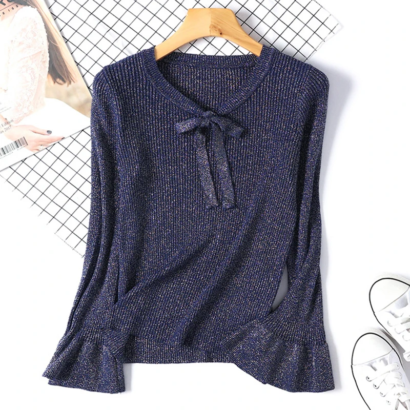 

2019 Flare Sleeve Knitted Women Sweater Pullovers Bow O Neck Autumn Winter Basic Women Sweaters Korean Style Slim Fit Royal Blue