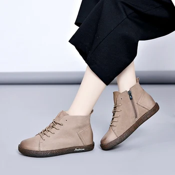 

Plus Size 42 Boots Women Leather Flats Heels Shoes For Women Black Casual Soft Genuine Leather Ankle Boots Women Handmade Autumn