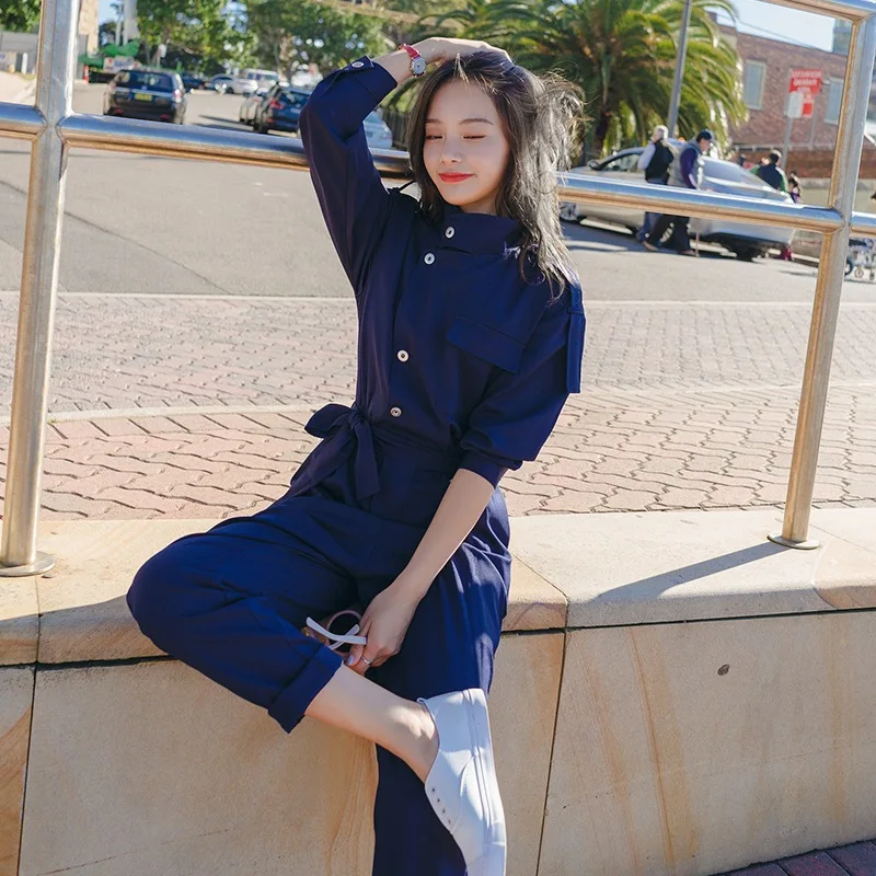 

Photo Shoot CHIC Dark Blue Cargo Overalls Women's Autumn Retro Loose-Fit BF Long Sleeve Shirt Onesie Casual Pants