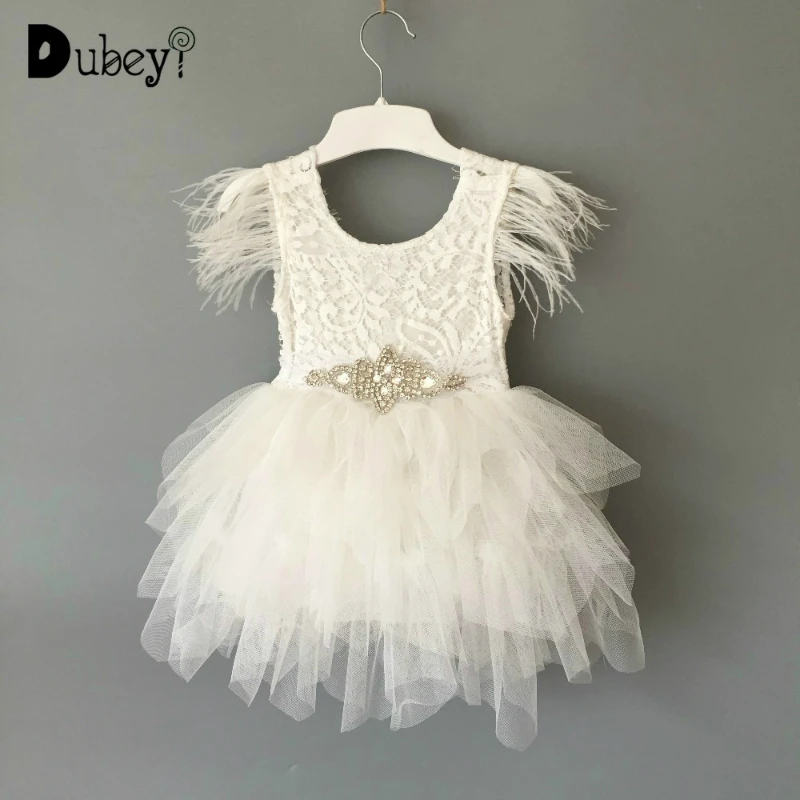 1st Birthday Party Dress Baby Girl Feather Princess Lace Flying Sleeve Summer Kids Tutu Clothing with Sashes |
