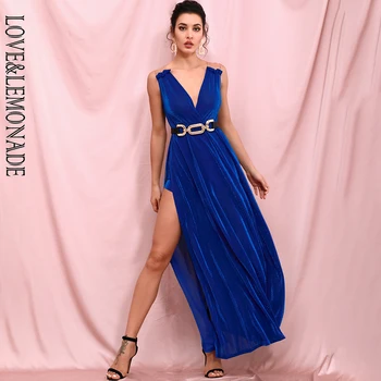 

LOVE & LEMONADE Sexy Deep V-Neck Blue Reflective Material Side Whit Split Maxi Dress LM82347