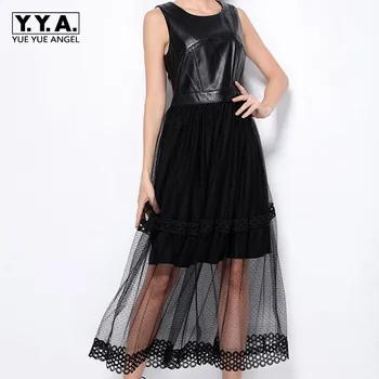 

2020 Summer Elegant Lady Black Lace Evening Vestidos Italian Luxury Women Sheepskin Genuine Leather Sleeveless Party Long Dress