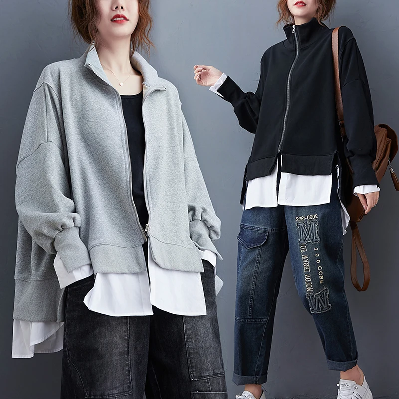 

Women Sweatshirts New Ladies Loose Zipper Fake Two Cardigan Ladies Outwear Autumn Winter Clothing Pocket Hoodie Coat Sudadera