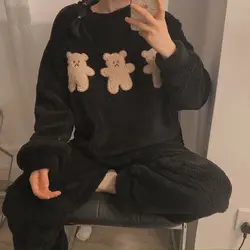 Fernan Bear Pajama Set Women Velvet Winter Warm Sleepwear Kawaii Pijama Female Set Woman 2 Piece Cute Pyjamas Soft Loungewear