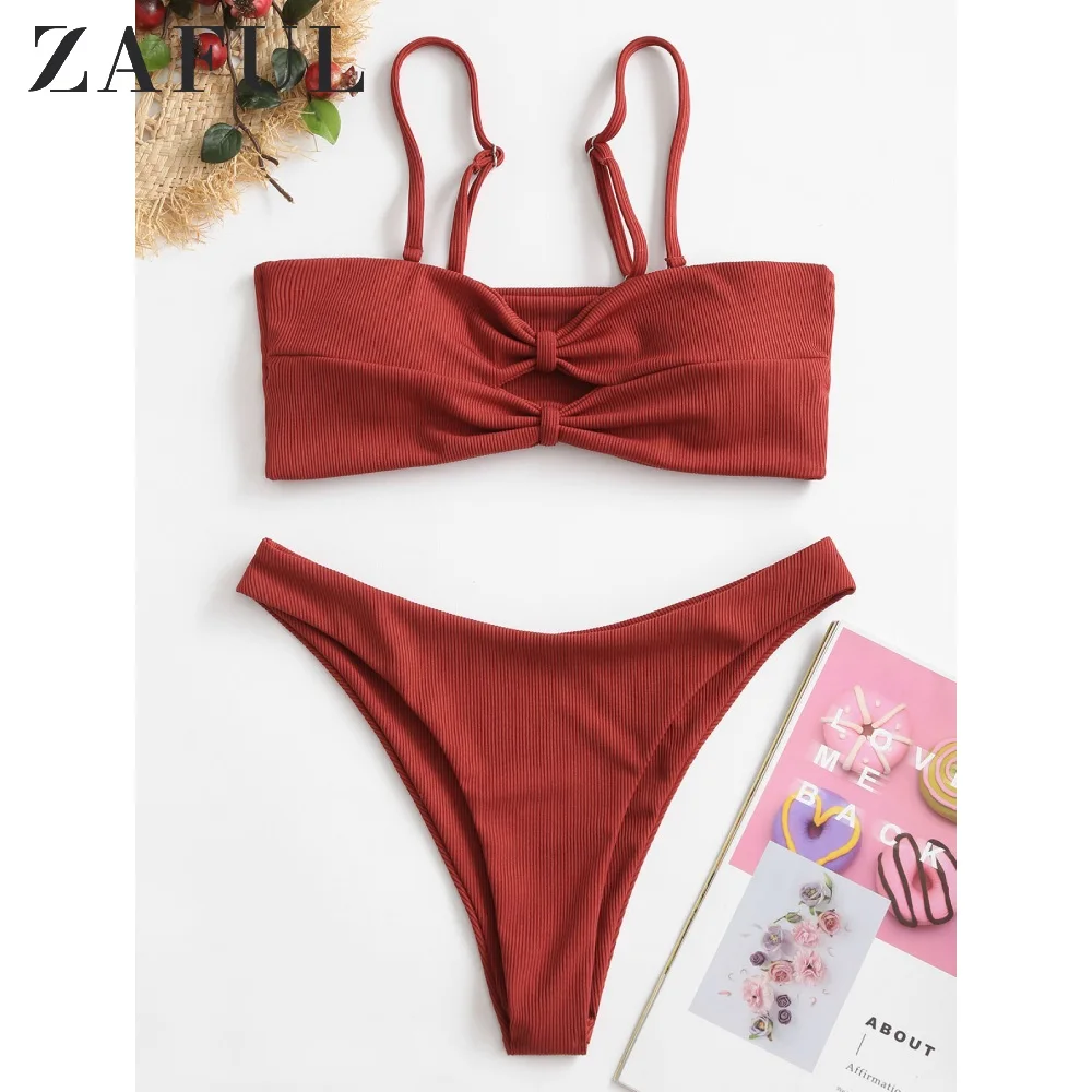 

ZAFUL Sexy Women'S Solid Color Two-Piece Beach Swimwear Fashion High Waist Bikini Set Push-Up Bra Knotted Swimsuit Tube Top
