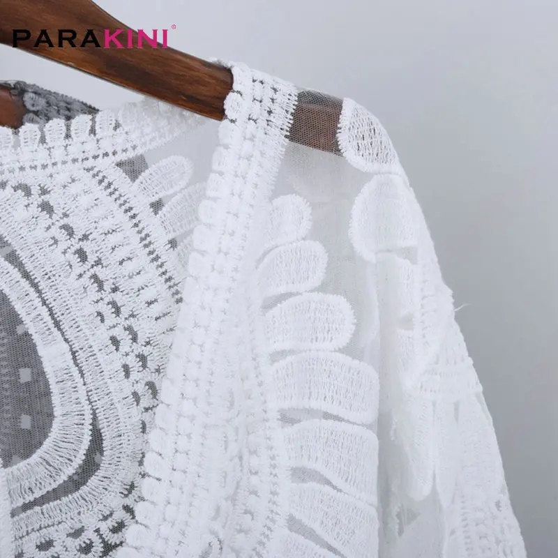 PARAKINI, Пляжное бикини с кружевами, кроше, накидка, 3/4 рукав, женские топы, пляжный купальник, белое платье, Пляжная туника, рубашка