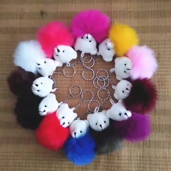 

12pcs/lot 18 Color Fake Rabbit Fox Fur 6cm pompon Keychain Bear Head Keyring 3D Keychain Charms Pompom Key rings