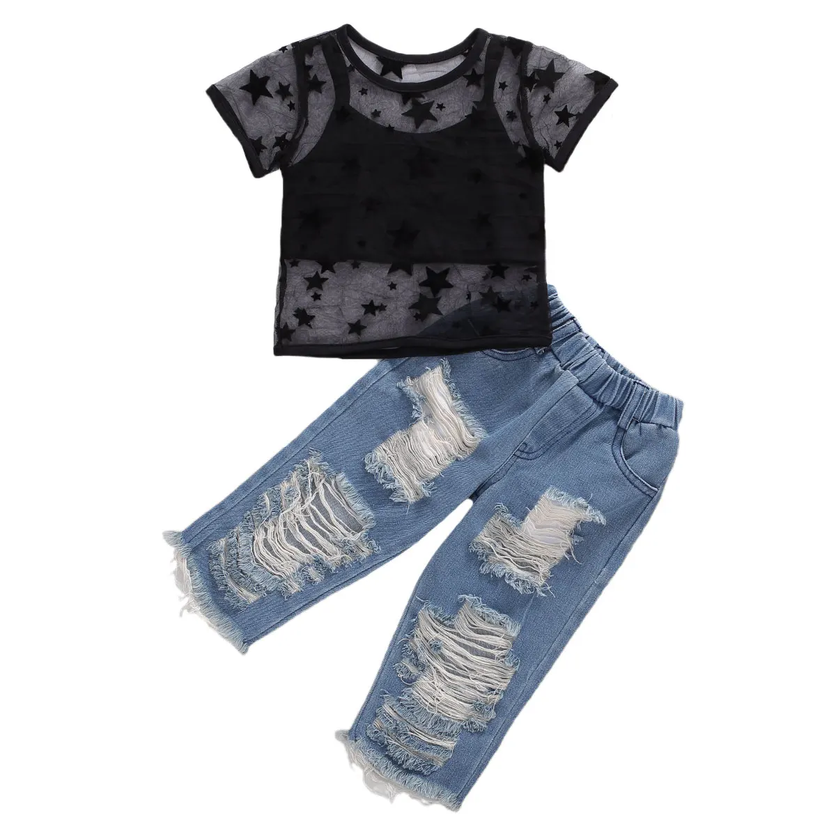 

Fashion Baby Girl Mesh Short Sleeve Solid Color Print Camisole Ripped Jeans Design Summer Child 3Pcs Clothing 2-7T