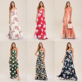 

BacklakeGirls Print Flowers Sexy Women Dress Criss Cross Back Sleeveless Long Party Dress Spaghetti Strap Robe Ete Femme 2020