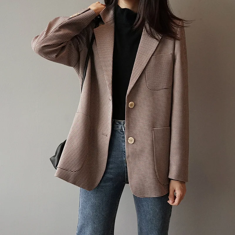 Осенне-зимняя женская коричневая куртка Balzer элегантное клетчатое пальто Тонкий хлопковый Повседневный Кардиган женский пиджак