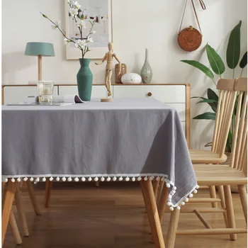 

11 Sizes Dustproof Tablecloth With Wool Ball Decor Solid Color TV Cabinet Cover Banquer Table Cloth Desk Covers For Dining 1PC