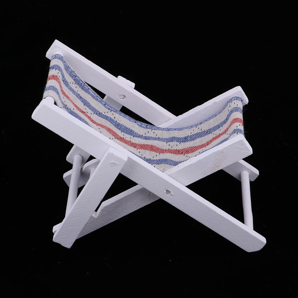 1:6 Miniature Folding Wooden Beach Sunbath Chair Deck Chair Mini Furniture for Indoor Outdoor Decor (Blue Stripe)