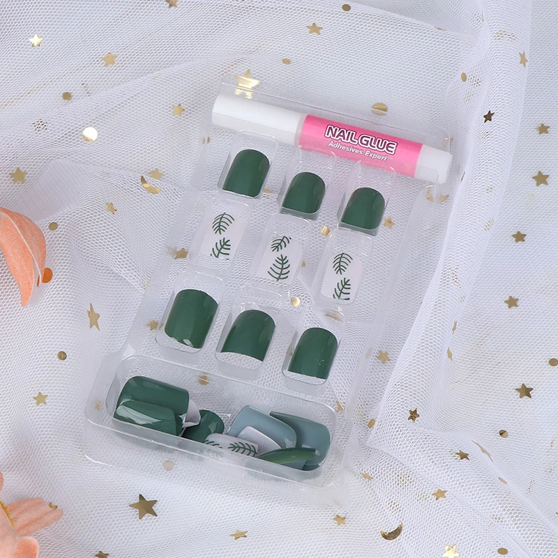 

24 Pcs/Set Different sizes Fresh green 3D Fake Nails Wrapped Tips Artificial False 2g Glue Wholesale