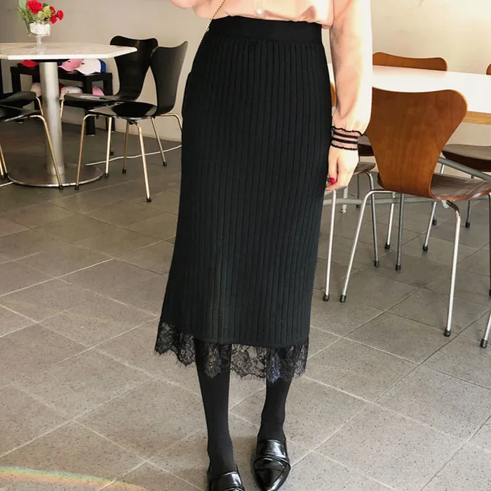 Теплые длинные юбки для женщин, зима, корейский стиль, элегантное кружевное лоскутное изделие, высокая талия, вязанный шерстяной свитер, юбка, черный, серый, B212