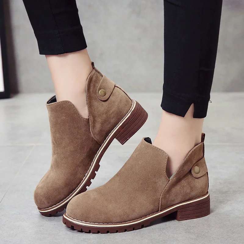 

Retro Round Toe Chelsea Boots Women Solid Slip-On Ankle Low Boots Winter Casual Square Heel Ladies Shoes