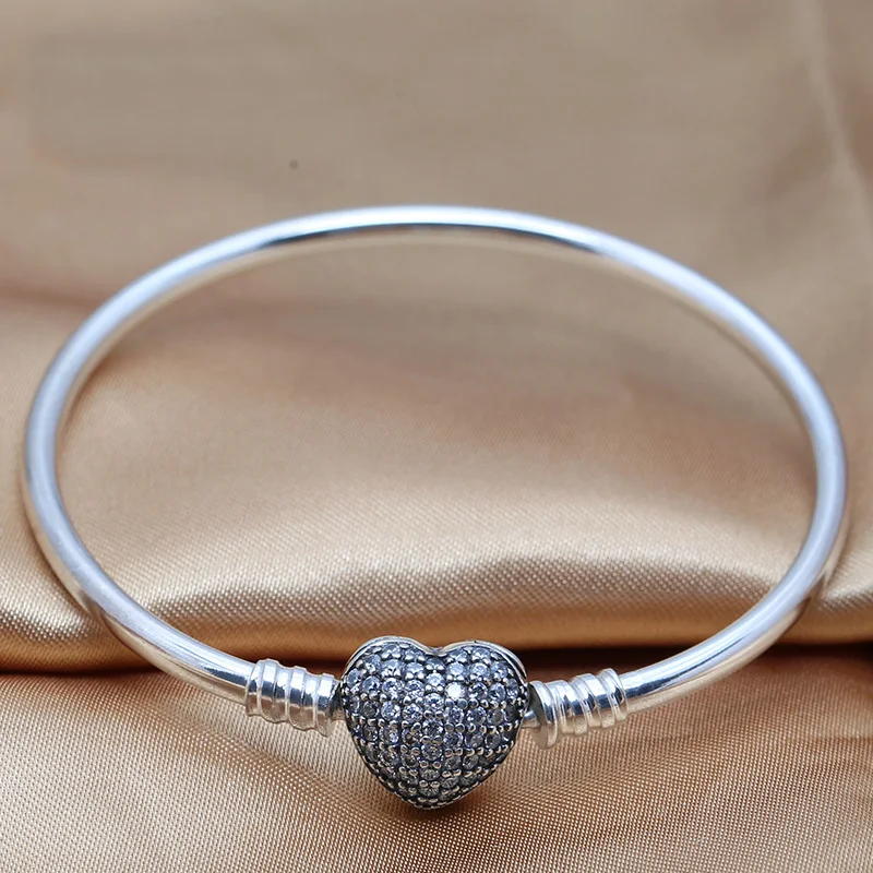

Authentic 925 Sterling Silver Moments Pave Heart Clasp With Crystal Bracelet Bangle fit Lady Bead Charm DIY Jewelry