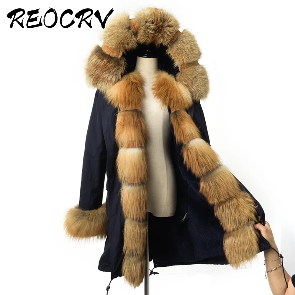 

REOCRV Red Fox Fur Parka With Hooed Rex Rabbit Fur Lining Natural Fox Fur Parka Women Plus Size Real Fur Coats Waterproof Parkas