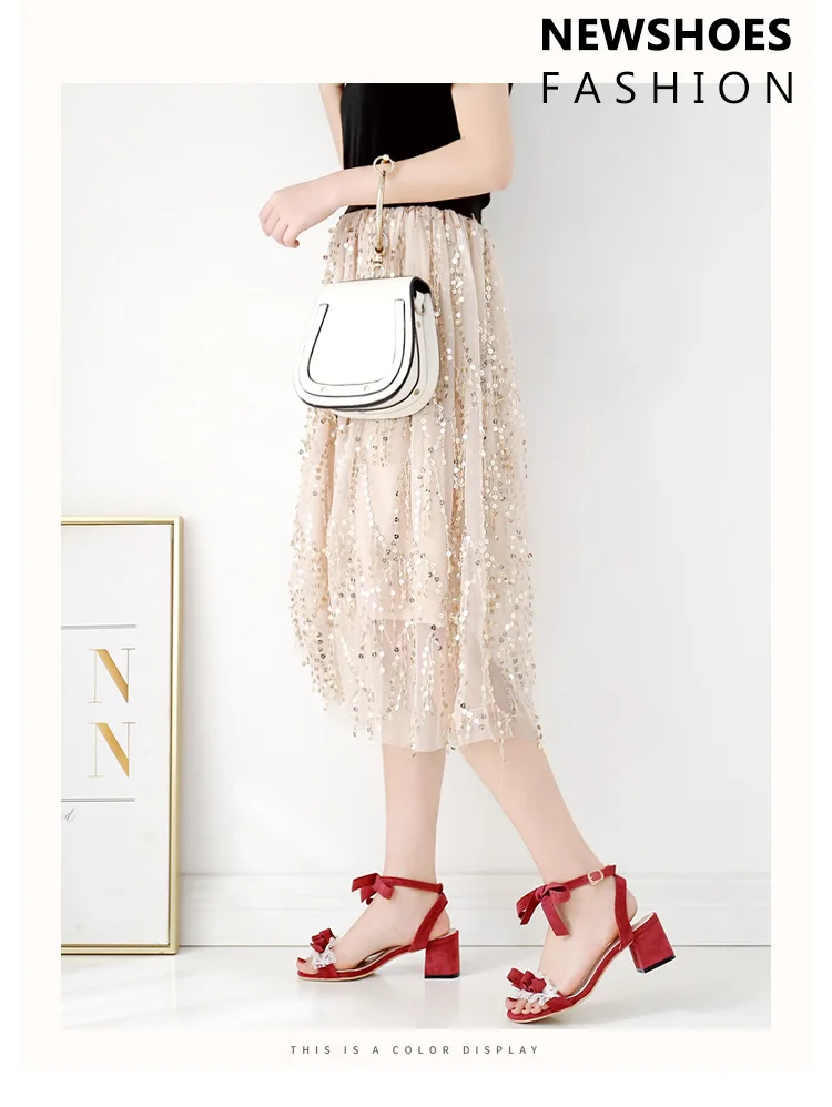 

2019 Summer New Style Pleated Bow A- line with Semi-high Heeled Sandals Chunky Heel Fairy Sandals