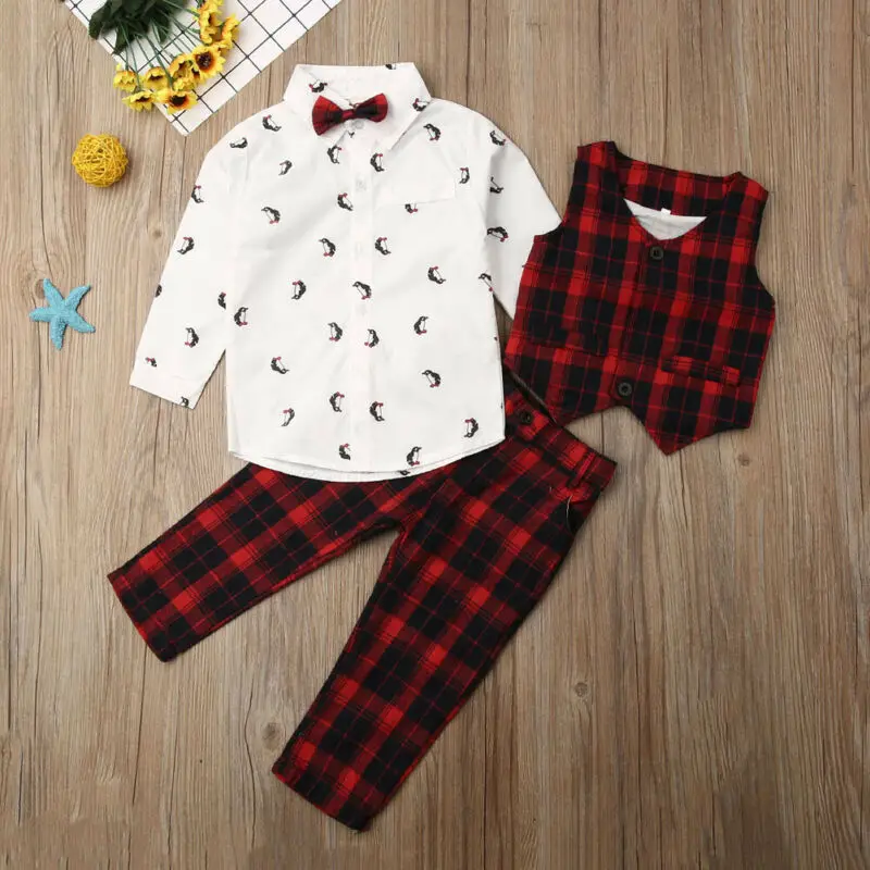 2-7Y Детская рубашка с длинными рукавами для маленьких мальчиков, топы, клетчатый жилет, куртка, длинные штаны, комплект из 3 предметов, Рождественский комплект одежды для вечеринок