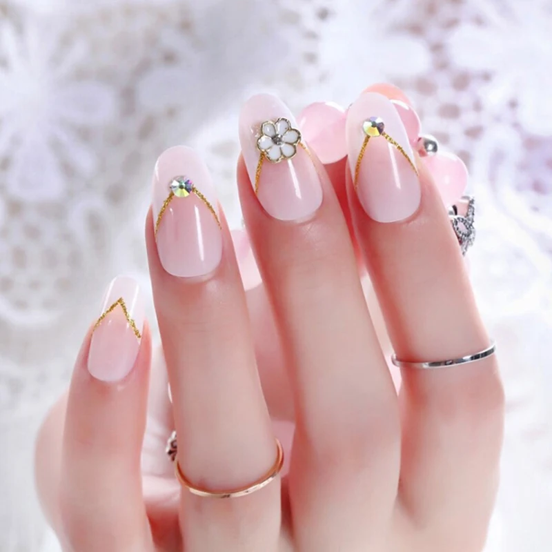 24pcs Oval Pink Gradient Fake Nails Fashion Tips Full Cover Cherry Style Flower Decorated For Fashion Girls Long Fake Nails