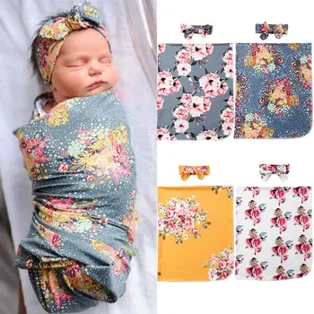 

Newborn Baby Floral Swaddle Wrap Swaddling Blanket + Headband 2pcs Set